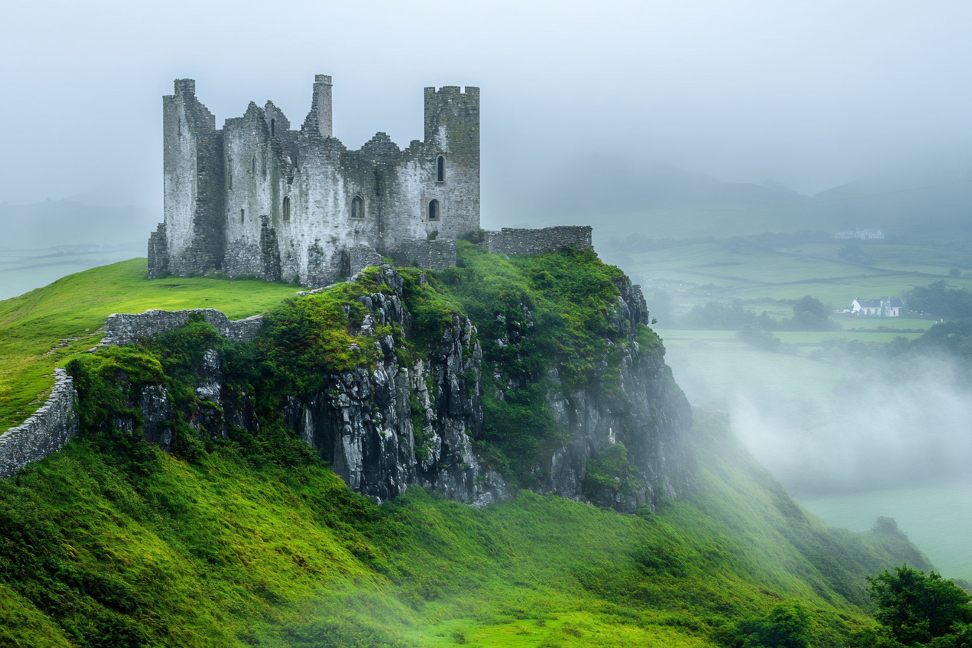 The Rock of Cashel ruins emerging from the fog on a green Irish hilltop