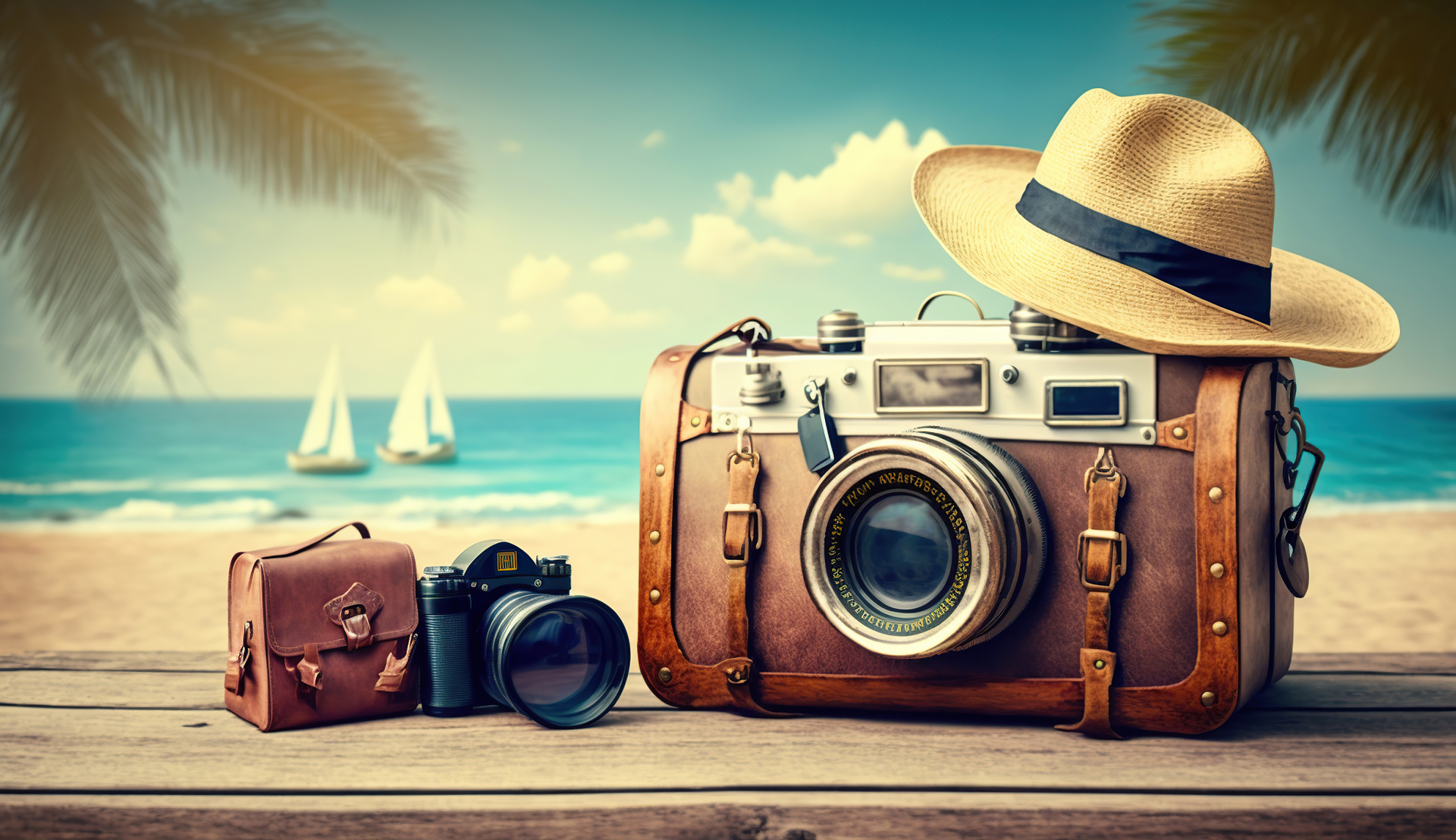 Traveler planning a trip with map, passport and camera