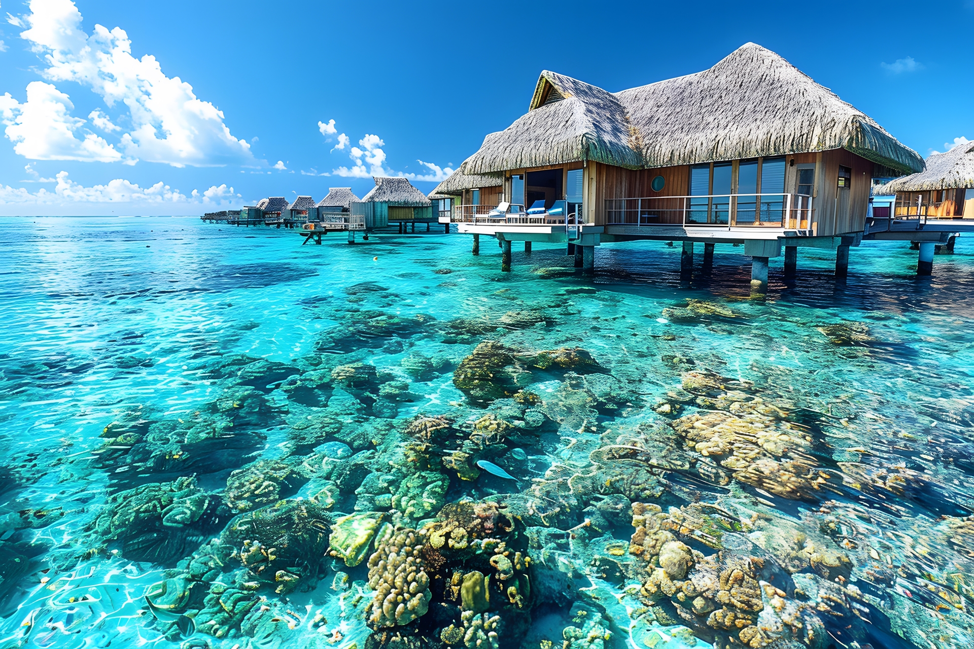 Overwater bungalows in a tropical paradise